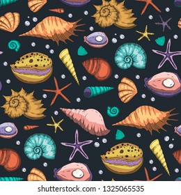 Sea seamless vector pattern. Ocean tropical exotic illustration with sea shells and sea stars in different shapes and colors. Hand drawn summer marine graphic.