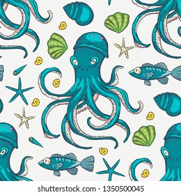 Sea seamless vector pattern. Ocean tropical exotic illustration with tropical underwater octopus animals, fishes and shells. Marine life. Devilfish vintage background vector illustration.