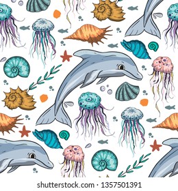 Sea seamless vector pattern. Ocean tropical exotic illustration with tropical underwater animals - dolphin, jellyfish and shells. Marine life. Sea background vector illustration.