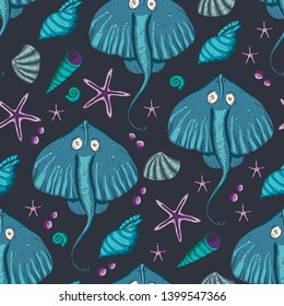 Sea seamless vector pattern. Ocean tropical exotic illustration with tropical underwater animals - stingray, sea stars, shells. Marine life. Sea vector illustration on a dark background.