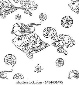 Sea seamless vector pattern. Ocean tropicar exotic illustration with shells, sea plants and fish.