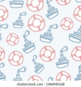 Sea seamless vector pattern with ships and life buoys