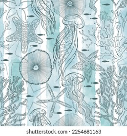 Sea. Seamless vector pattern with underwater plants,  sea creatures on blue watercolor background. Perfect for design templates, wallpaper, wrapping, fabric and textile.