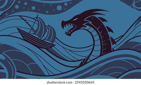 Sea Serpent Attack Art, Legendary Ocean Graphic, detailed dragon design, biblical creature, simple sea monster, creative vector illustration.