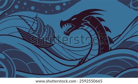 Sea Serpent Attack Art, Legendary Ocean Graphic, detailed dragon design, biblical creature, simple sea monster, creative vector illustration.