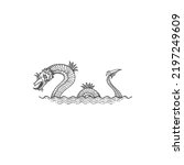 Sea serpent dragon bakunawa isolated water beast sketch icon. Vector mythological dragon in sea or ocean water waves, underworld mythical creature. Fairytale underwater animal, vintage giant dragon