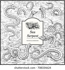 Sea Serpent Illustration in the style of Olaus Magnus (1490 - 1557).  The Sea Serpents and the background water are isolated on different layers. 