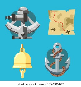 Sea set with anchor, sextant, pirate map and ship bell 