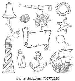 Sea set, the attributes of the ship. Vector hand drawn illustration. 