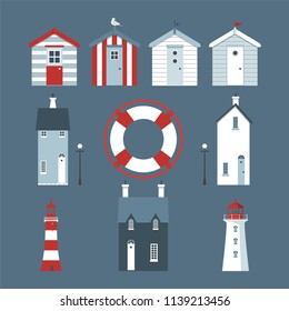 Sea set with beach huts, lighthouses, lifebuoy, street lights and small lodges.