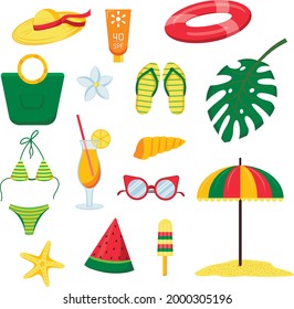 Sea set with beach umbrella, swimsuit, sunglasses, seashells, swimwear, hat, ice cream, starfish, flip flops, watermelon, cocktail, inflatable ring, flower, palm leaf, sunscreen. Vector illustration.