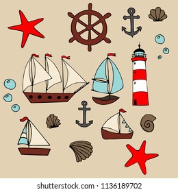Sea set. Bright cartoon illustration for children's greeting card design, fabric and wallpaper.