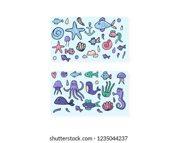Sea set characters and symbols in doodle style. Vector illustration.