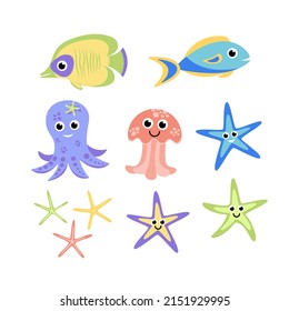 Sea Set With Colorful Fish, Bright Finger Fish, Octopus, Jellyfish. Cartoon, Flat. Isolated Vector Illustration Eps