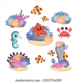 Sea set, coral reef, fish, sea horse, crab and bottom fish. Cartoon characters for children book.