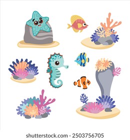 Sea set, coral reef, fish, sea horse, crab and bottom fish. Cartoon characters for children book.