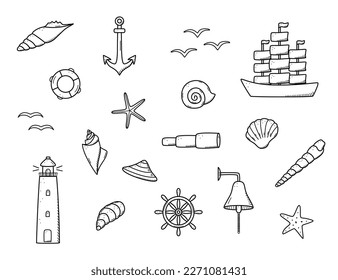 Meeresmenge von Elementen, doodle Symbole des Meeres Leben. Teleskopschalen, Rettungsanker-Lenkrad-Bulle, Leuchtturm und Möwen. Vektorgrafik, Symbole von Seeleuten oder Piraten.