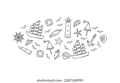 Meeresmenge von Elementen, doodle Symbole des Meeres Leben. Teleskopschalen, Rettungsanker-Lenkrad-Bulle, Leuchtturm und Möwen. Vektorgrafik, Symbole von Seeleuten oder Piraten.