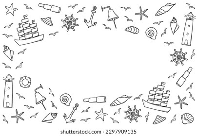 Meeresmenge von Elementen, doodle Symbole des Meeres Leben. Teleskopschalen, Rettungsanker-Lenkrad-Bulle, Leuchtturm und Möwen. Vektorgrafik, Symbole von Seeleuten oder Piraten.