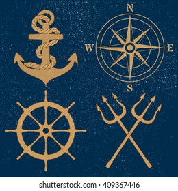 Sea set of elements of the ship. Vintage style. 
?nchor, the steering wheel, compass, trident.