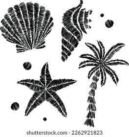 SEA SET EMBROIDERY ELEMENTS. OUTLINE, HAND DRAW ILLUSTRATION. COCONUT TREE, SHELL AND STARFISH 