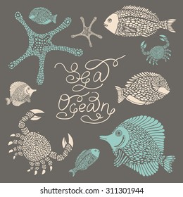 Sea set with fish and marine animals.