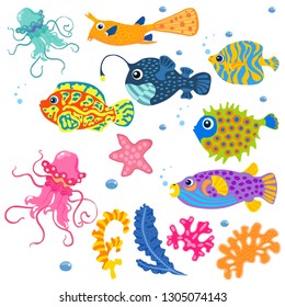 Sea Set Fish Seaweed Jellyfish Vector Stock Vector (Royalty Free ...