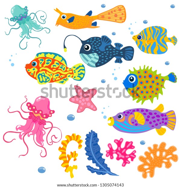 Sea Set Fish Seaweed Jellyfish Vector Stock Vector (Royalty Free ...