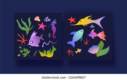 Sea set with fish, starfish, algae and eel. Vector illustration of the underwater world and the ocean. Marine inhabitants.	