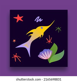 Sea set with fish, starfish, algae and eel. Vector illustration of the underwater world and the ocean. Marine inhabitants.	