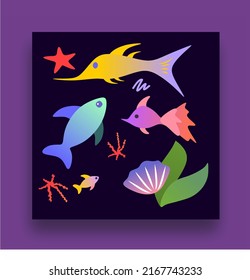 Sea set with fish, starfish, algae and eel. Vector illustration of the underwater world and the ocean. Marine inhabitants.	