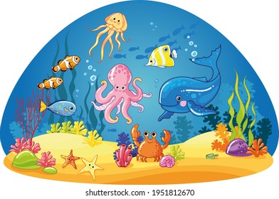 Sea set. Funny cute ocean animals. Sea creatures. Cartoon Marine character. Vector illustration. Coral reef. Marine animals and aquatic plants. Underwater world. Tropical fish, octopus, starfish