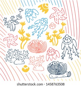 Sea set with hand drawn marine creatures - jellyfish, starfish, actinia, corals, seaweed. Cute colorful set in orange, blue, red, green. Lovely composition with nice colors on white background. 