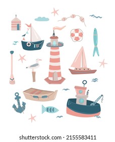 Sea set. Set of hand-drawn marine theme elements. Ships, boat, lighthouse, lifebuoy, seagull.

