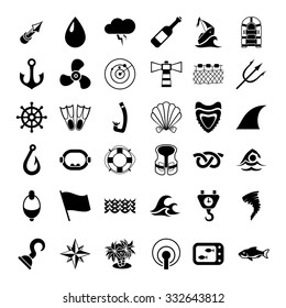 Sea set of icons. Black silhouette. Isolated on white background. Vector illustration.