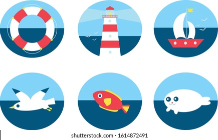 Sea set icons. Lifebuoy, lighthouse, ship, boat, seagull, fish, seal. Marine icons with cartoon art style. Cute set ocean icons.