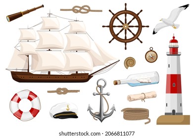 Sea set of isolated objects. Ship, rope, knot, telescope, anchor, stripped lifebuoy, captain's cap, seagull, rudder, compass, lighthouse, map, bottle, shell on white background. Vector illustration