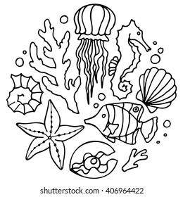 Sea set: jellyfish, coral, sea horse, starfish, shell, tropical fish, scallops, pearl. Set of simple line drawings.