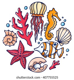 Sea set: jellyfish, coral, sea horse, starfish, shell, tropical fish, scallops, pearl. Set of simple color images.