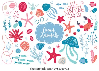 Sea set with jellyfish, starfish, shell, seaweed, crab, fish, bubbles, coral, abstract shapes isolated on white background. Scandinavian style. Perfect for summer holidays. Vector illustration