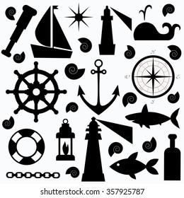 Sea set with lighthouse, anchor, boat, wheel, bottle, telescope, shark and other. Black and white silhouette.