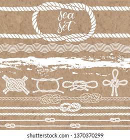 Sea set of marine rope, knots, waves and  sea texture. Vector isolated elements on kraft paper. Hand-drawn vector illustration.