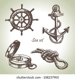 Sea set of nautical design elements. Hand drawn illustrations	