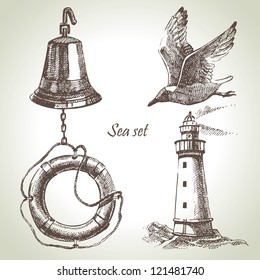 Sea set of nautical design elements. Hand drawn illustrations