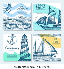 Sea set. Nautical elements banner collection. Vector illustration drawn in ink.