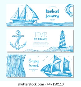 Sea set. Nautical elements horizontal banner collection. Vector illustration drawn in ink.