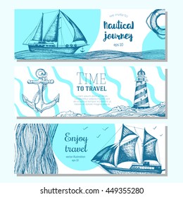 Sea set. Nautical elements horizontal banner collection. Vector illustration drawn in ink.