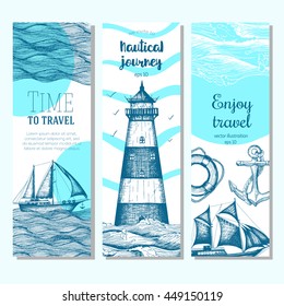 Sea set. Nautical elements vertical banner collection. Vector illustration drawn in ink.