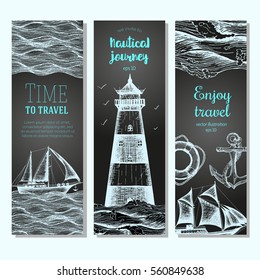 Sea set. Nautical elements vertical banner collection. Vector illustration drawn in ink.