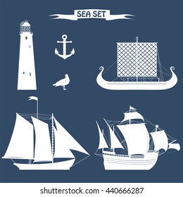 Sea set with old boats and lighthouse. Vector illustration